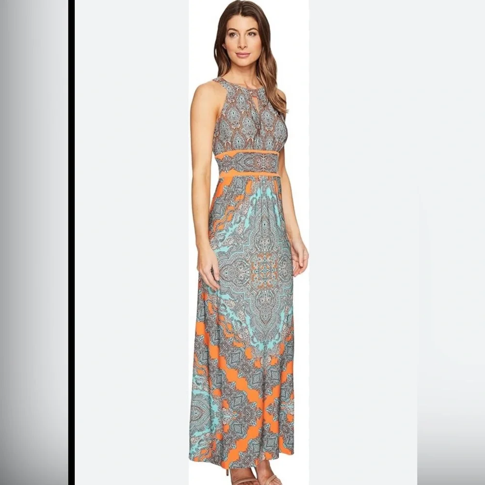 London Times Size 12 Medallion Sleeveless Halter Maxi Dress Orange and Blue NWOT